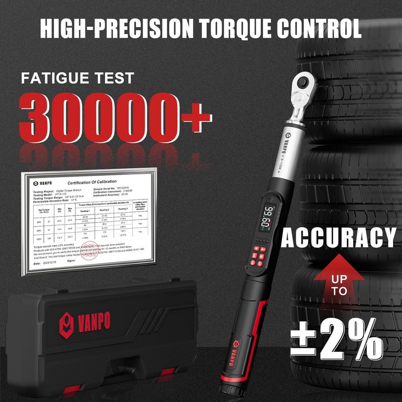 VANPO 3/8-Inch Digital Torque Wrench,1.5-99.6 Ft-Lb/2-135 Nm, ±2% Accuracy, Electronic Torque Wrench with LCD Display, Audible & Vibration Alert, Easy Battery Access,for Car & Motorcycle Maintenance - Image 3